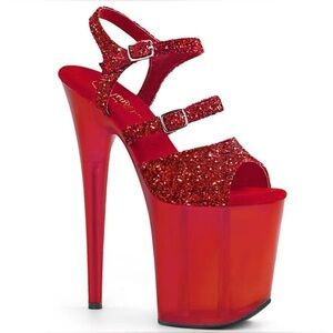 🦋B2G1🦋PLEASER 8" Heel Platform Frosted Red Glitter Dual Buckle Stiletto Sandals
